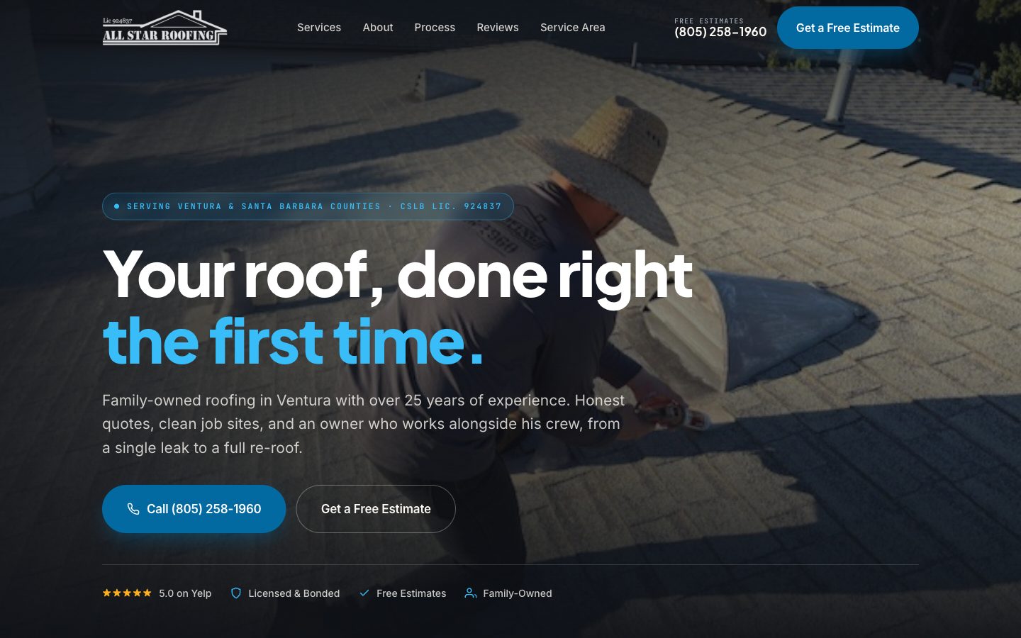 All Star Roofing homepage: a roofer at work under the headline “Your roof, done right the first time,” with call and free-estimate buttons